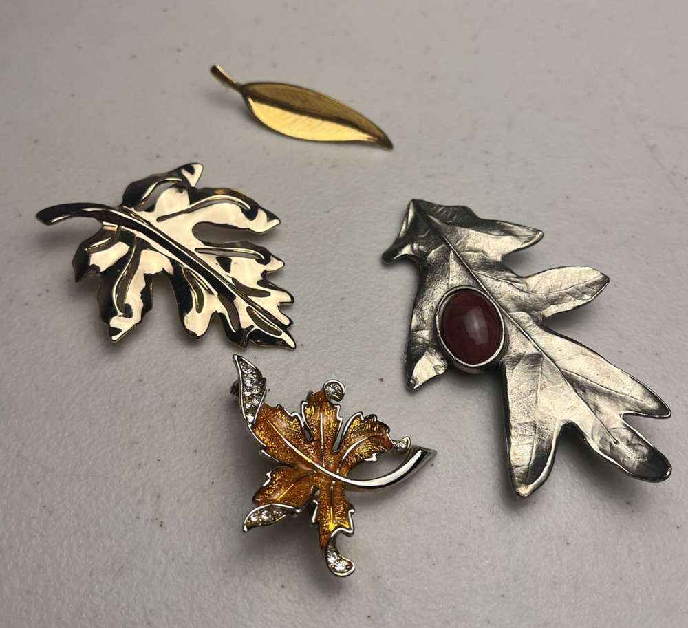 Pisces Leaf Brooch Pin Faux Stone & Gold & Silver Tone Enamel Fall Lot 4 Pcs